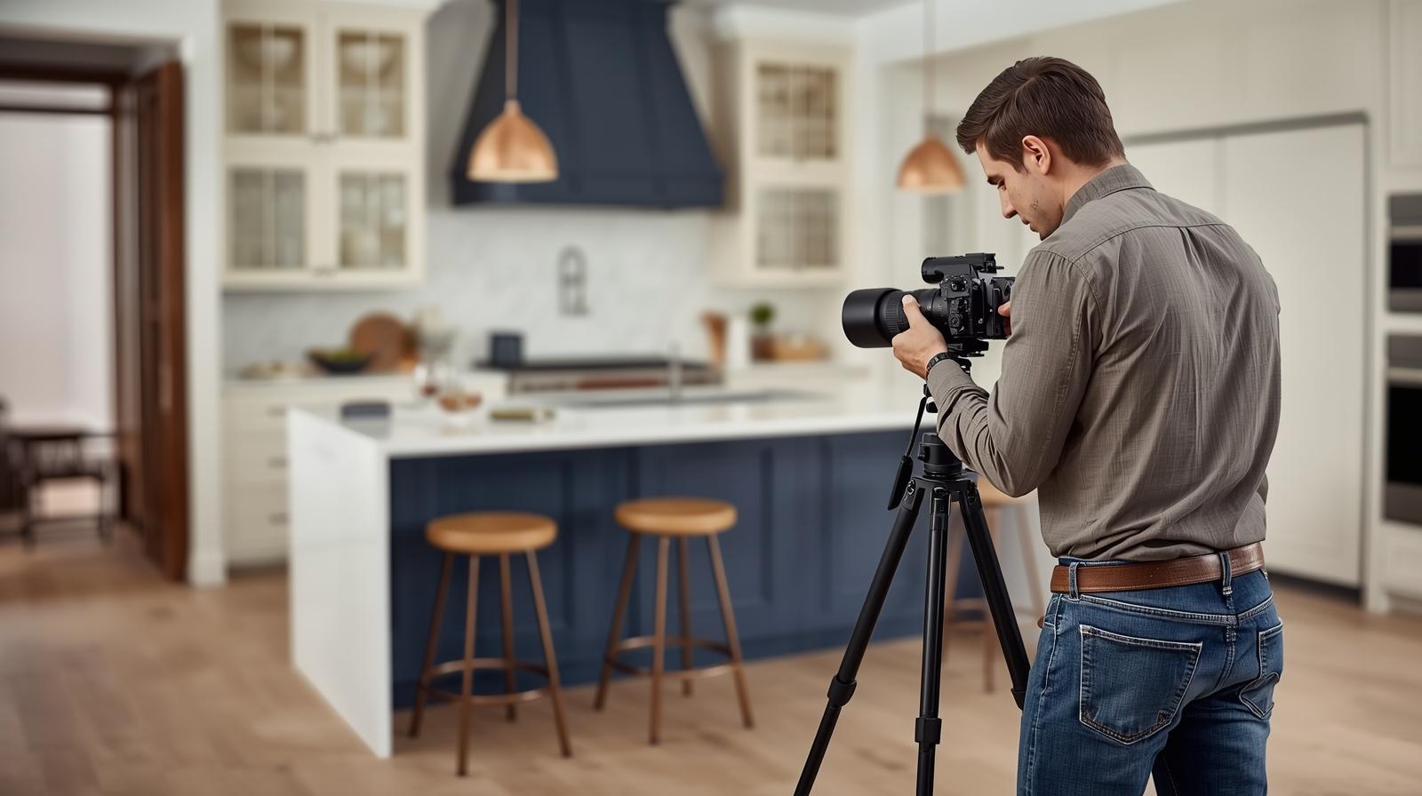 Real estate photographer taking a listing photo of a high-end kitchen