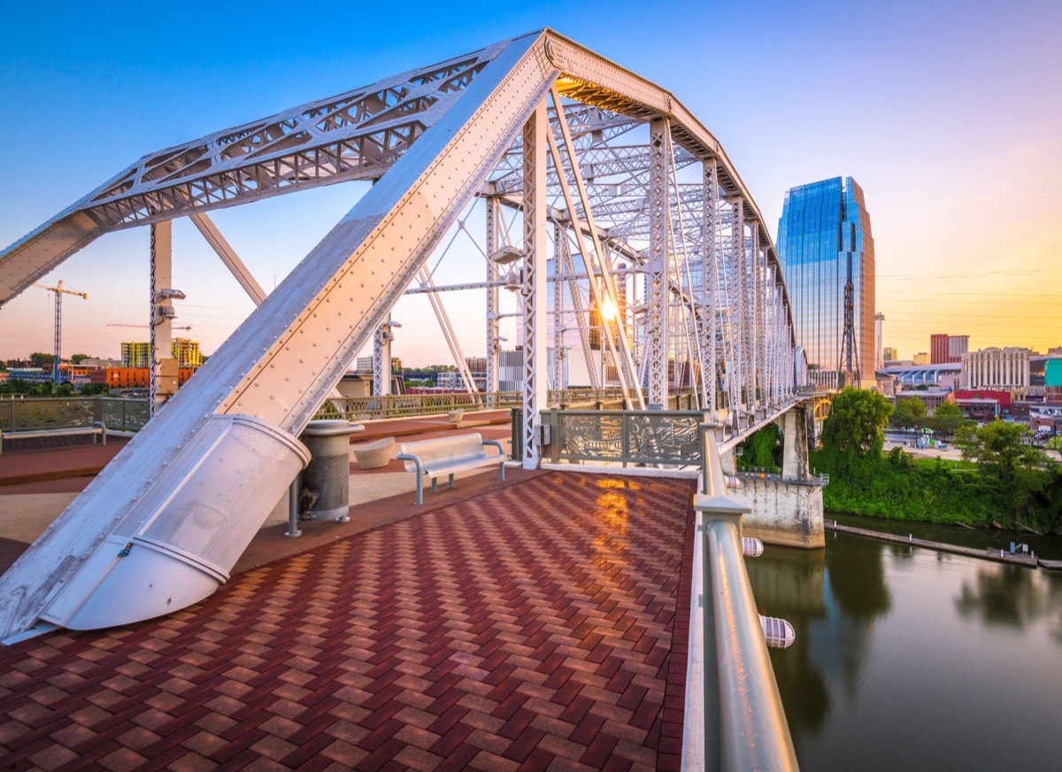 The John Seigenthaler Pedestrian Bridge at dusk